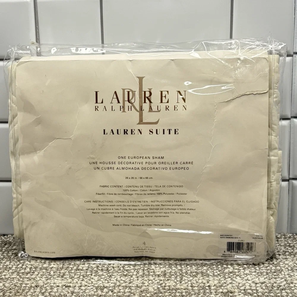 Ralph Lauren Suite Diamond Quilted‎ Cream Cotton  Euro Sham NEW One Sham